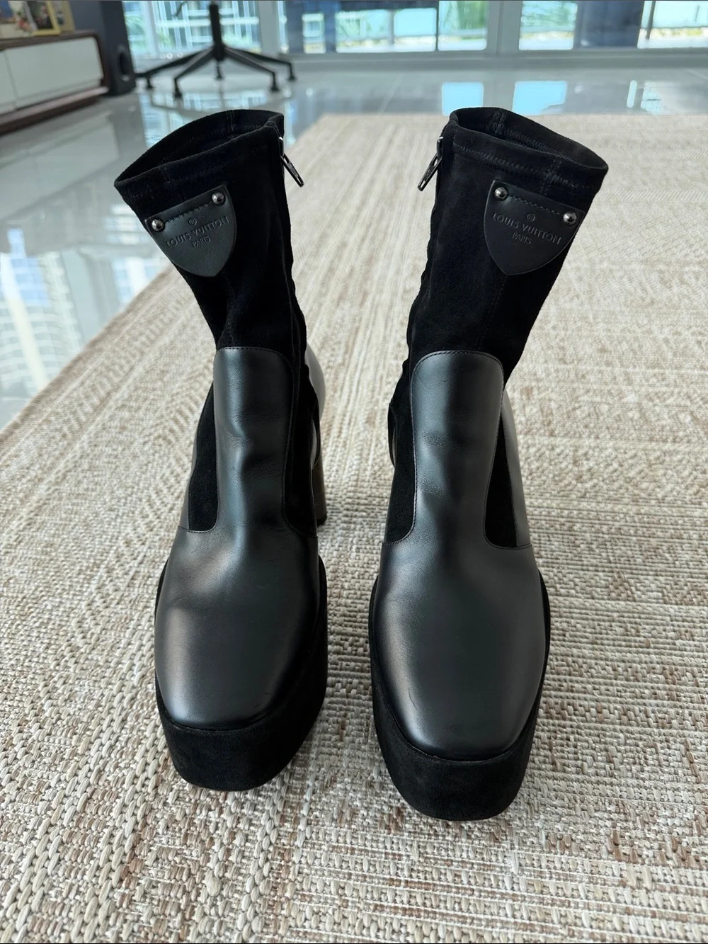 Louis Vuitton Black Platform Ankle Boots with Monogram Heel